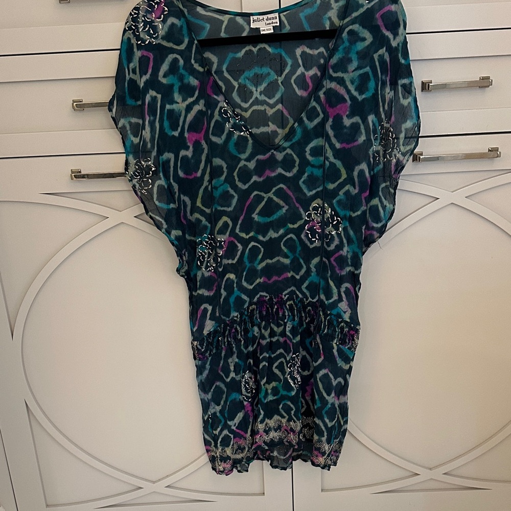 Juliet Dunn Teal, Purple & Black Patterned V-Neck Tunic